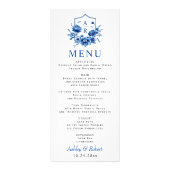Blauwe bloemen Chinoiserie pioenroos bruiloft menu (Voorkant)