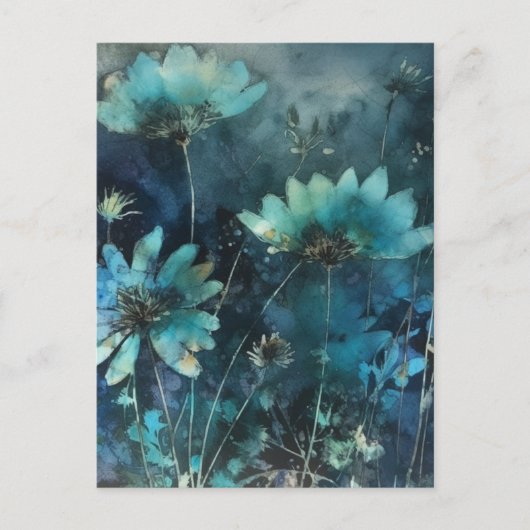Blauwe Bloemen Cyanotype Gemengde Media Briefkaart (Voorkant)