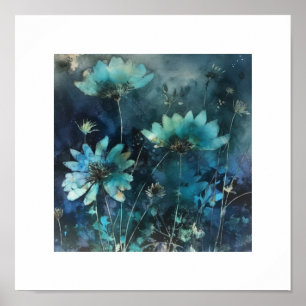 Blauwe Bloemen Cyanotype Gemengde Media Poster