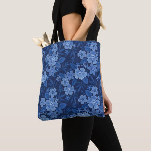 Blauwe bloemen donkerblauw draagtas