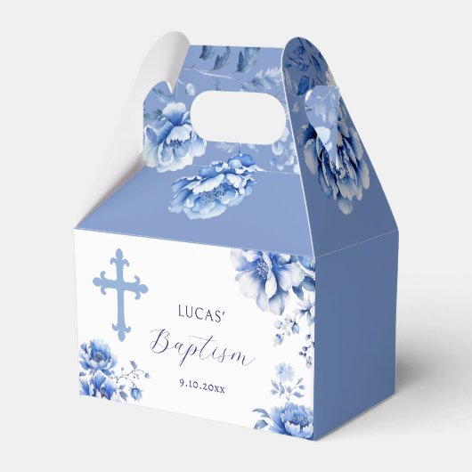 Blauwe bloemen doop bedankdoosjes (Voorkant Zijde)