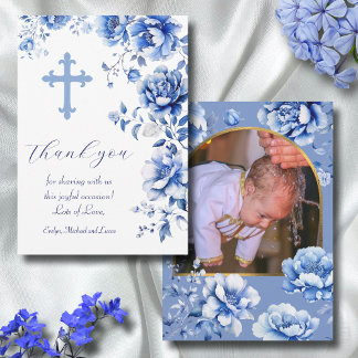 Blauwe bloemen doop Dank u kaart