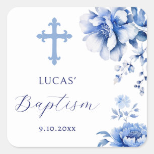 Blauwe bloemen Doop sticker