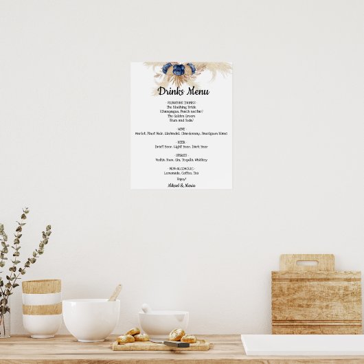 Blauwe bloemen Drinken Menu Weddenschap Poster (Keuken)