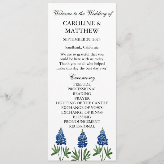 Blauwe Bloemen Elegante Moderne Bruiloft Programma (Voorkant)