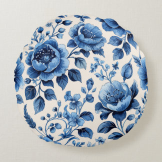  Blauwe Bloemen Elegantie Rond Kussen