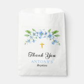 Blauwe bloemen en gouden kruis jongen doop Dank u Bedankzakje (Voorkant)