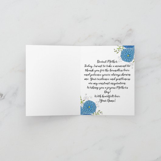 Blauwe Bloemen en Groene Bladeren Moederdag Kaart (Binnen)