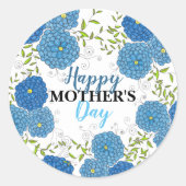  Blauwe Bloemen en Groene Bladeren Moederdag Ronde Sticker (Voorkant)