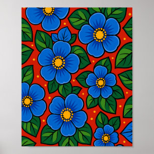 Blauwe Bloemen en Groene Bladeren op een Rode Acht Poster
