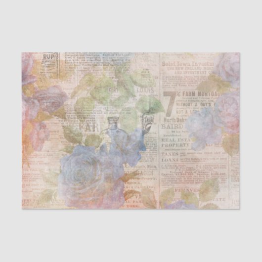 Blauwe bloemen en krantenpapier Ephemera Tissuepapier (Voorkant)