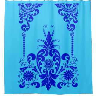 blauwe bloemen en krullenprint douchegordijn