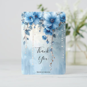 Blauwe Bloemen en Parels Bedankkaart