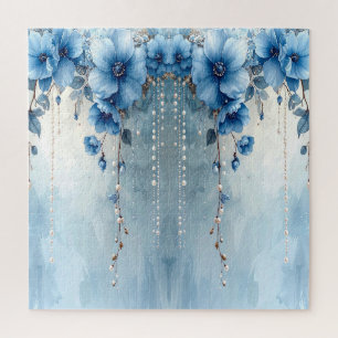 Blauwe Bloemen en Parels Legpuzzel