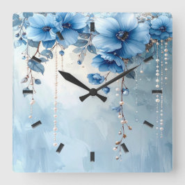 Blauwe Bloemen en Parels Wandklok Vierkante Klok