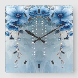 Blauwe Bloemen en Parels Wandklok Vierkante Klok