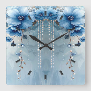 Blauwe Bloemen en Parels Wandklok Vierkante Klok