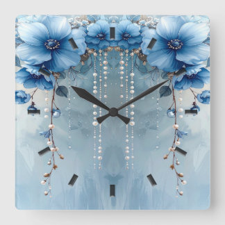 Blauwe Bloemen en Parels Wandklok Vierkante Klok
