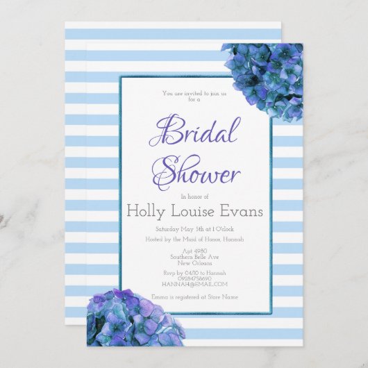 Blauwe Bloemen en Stripe Bruids Douche Uitnodiging (Voorkant / Achterkant)