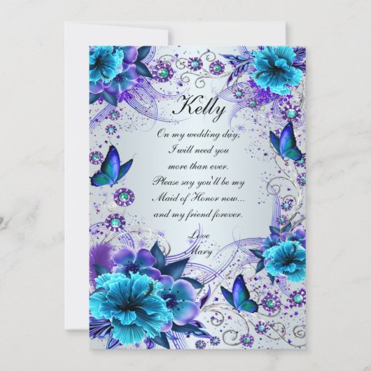 Blauwe bloemen- en vlinder bruidsmeisje kaart (Voorkant)