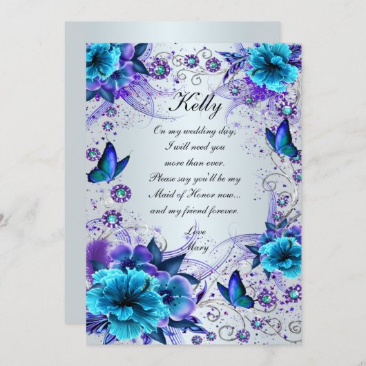 Blauwe bloemen- en vlinder bruidsmeisje kaart (Voorkant / Achterkant)