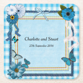 Blauwe bloemen en vlinders vierkante kartonnen onderzetter