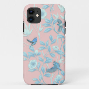 blauwe bloemen en vogel, achtergrondkleur lichte r iPhone 11 hoesje