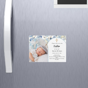 Blauwe bloemen foto-boog jongen kruis Doop Magnetische Uitnodiging