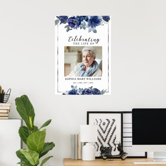 Blauwe Bloemen & Foto Herdenkingsdienst Funeral Poster (Thuiskantoor)