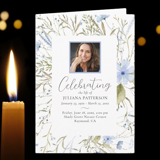 Blauwe Bloemen Foto's Viering van het leven Begraf Programma