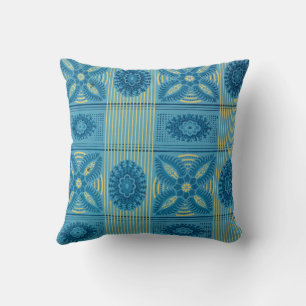 Blauwe bloemen gele strepen kunst Patroon Kussen