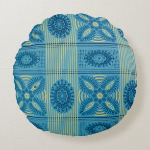 Blauwe bloemen gele strepen  kunst Patroon Rond Kussen
