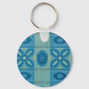 Blauwe bloemen gele strepen kunst Patroon Sleutelhanger