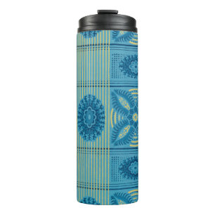 Blauwe bloemen gele strepen kunst Patroon Thermosbeker