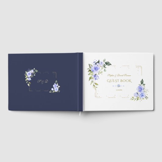 Blauwe Bloemen Goud Glitter Lijst Bruiloft Gastenboek (Volledig)