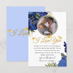 Blauwe Bloemen Gouden Foto Vrouw Jubileum Kaart