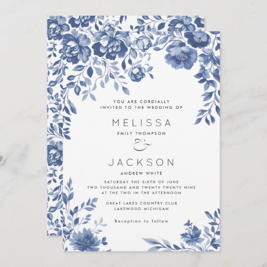 Blauwe Bloemen Grens bruiloft uitnodiging (Voorkant / Achterkant)