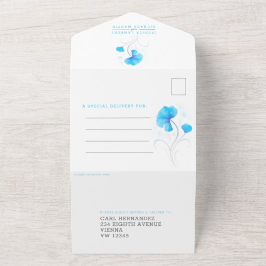 Blauwe bloemen grijze swirl waterverf all in one uitnodiging (Buitenkant)