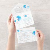 Blauwe bloemen grijze swirl waterverf all in one uitnodiging (Afscheurbaar)