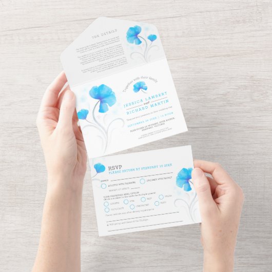 Blauwe bloemen grijze swirl waterverf all in one uitnodiging (Afscheurbaar)