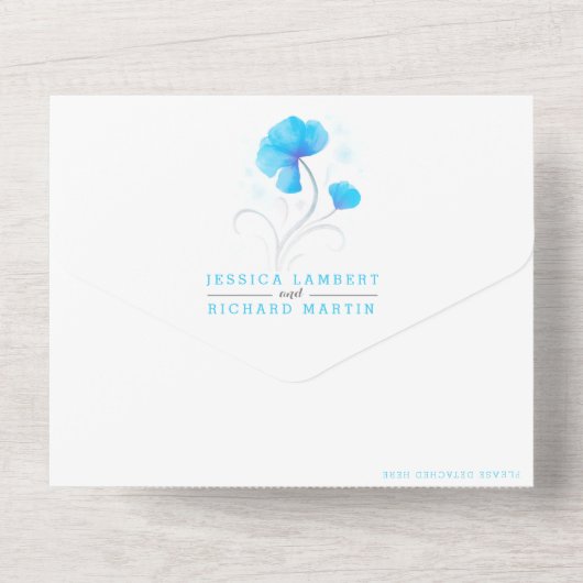 Blauwe bloemen grijze swirl waterverf all in one uitnodiging (Achterkant)