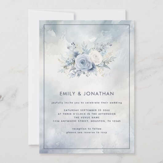 Blauwe Bloemen Grijze Waterverf Wash QR Code Bruil Kaart (Voorkant)