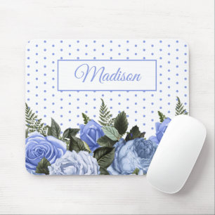 Blauwe Bloemen Groene Bladeren Monogram Witte Stip Muismat
