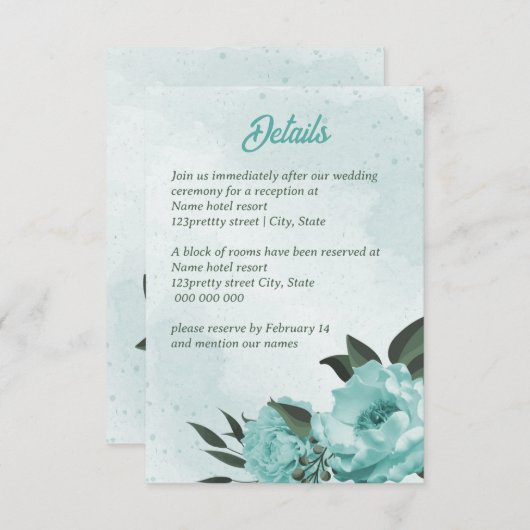 blauwe bloemen groene bruiloft informatiekaartje (Voorkant / Achterkant)