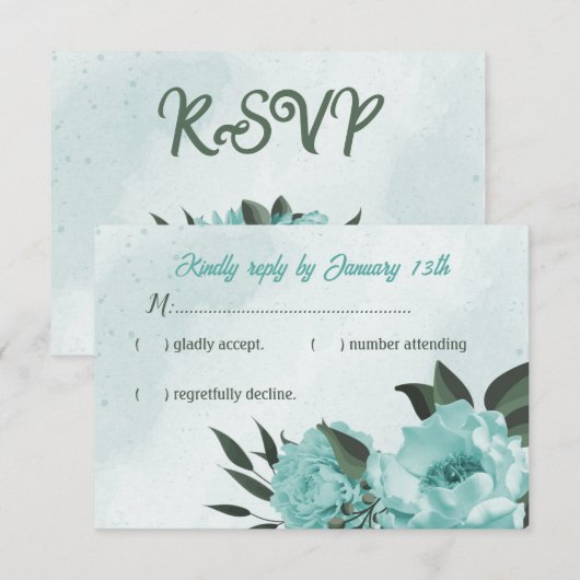 blauwe bloemen groene bruiloft RSVP kaartje (Voorkant / Achterkant)