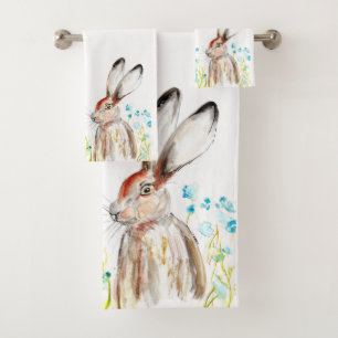 Blauwe bloemen Hare Rabbit Wildflower Waterverf Bad Handdoek