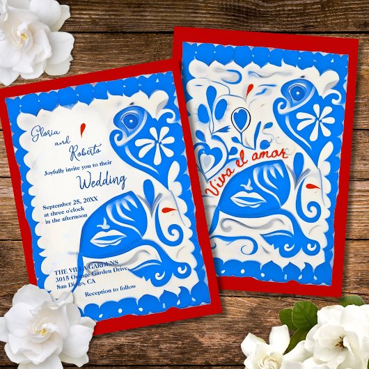 Blauwe Bloemen Hart Papel Picado Mexicaanse bruilo Kaart