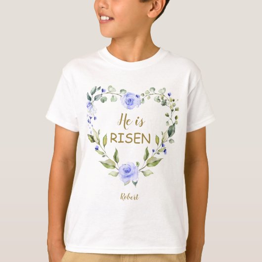 Blauwe bloemen Hij is verrezen Happy Easter Typogr T-shirt (Voorkant)