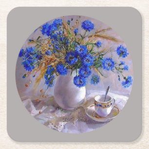 Blauwe bloemen in een Vase Vierkante Kartonnen Onderzetter