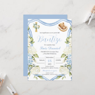Blauwe bloemen jongen doop uitnodiging Spaans